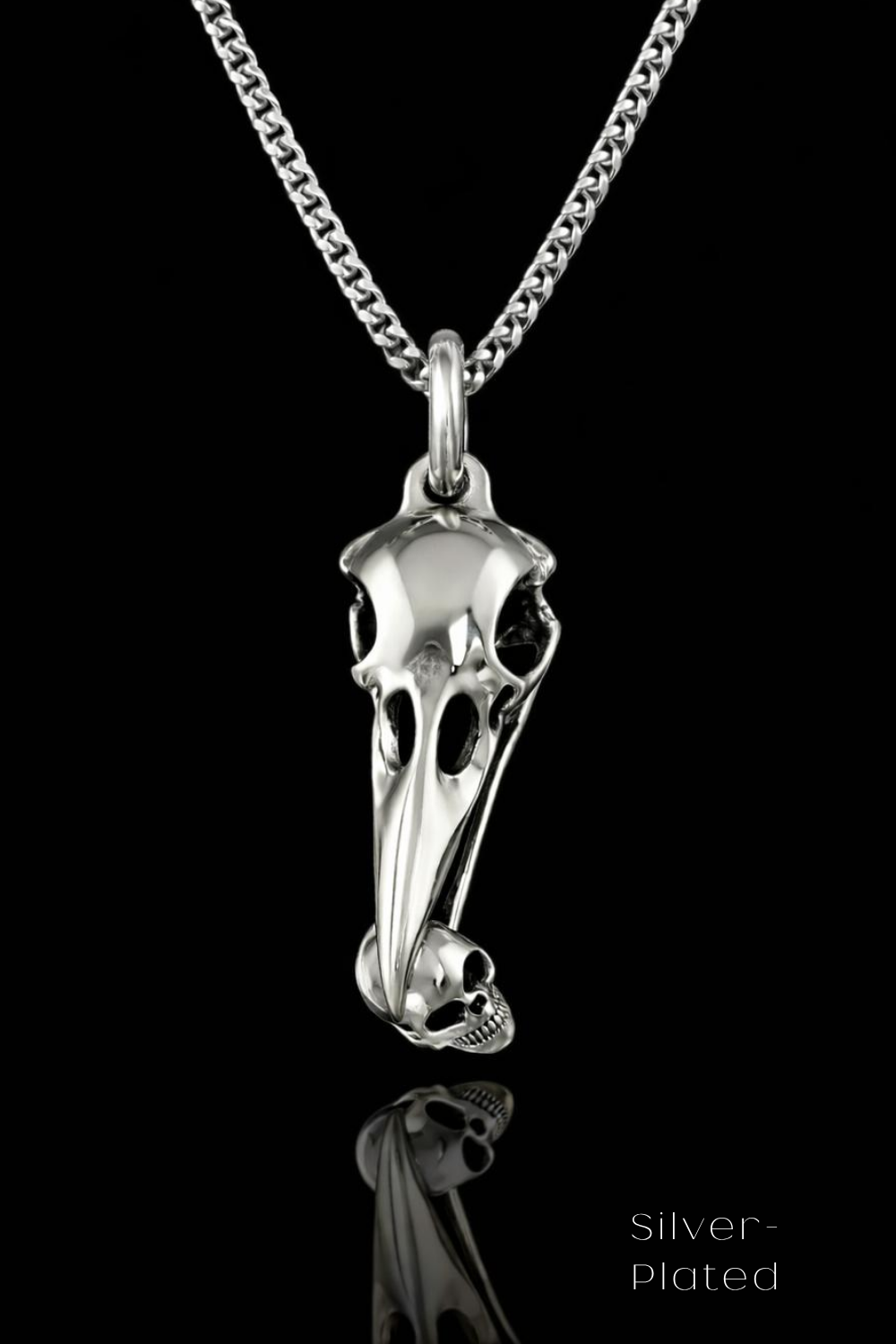 Raven Skull Necklace with Mini Human Skull – Bronze & Silver-Plated Finish | Limited Edition
