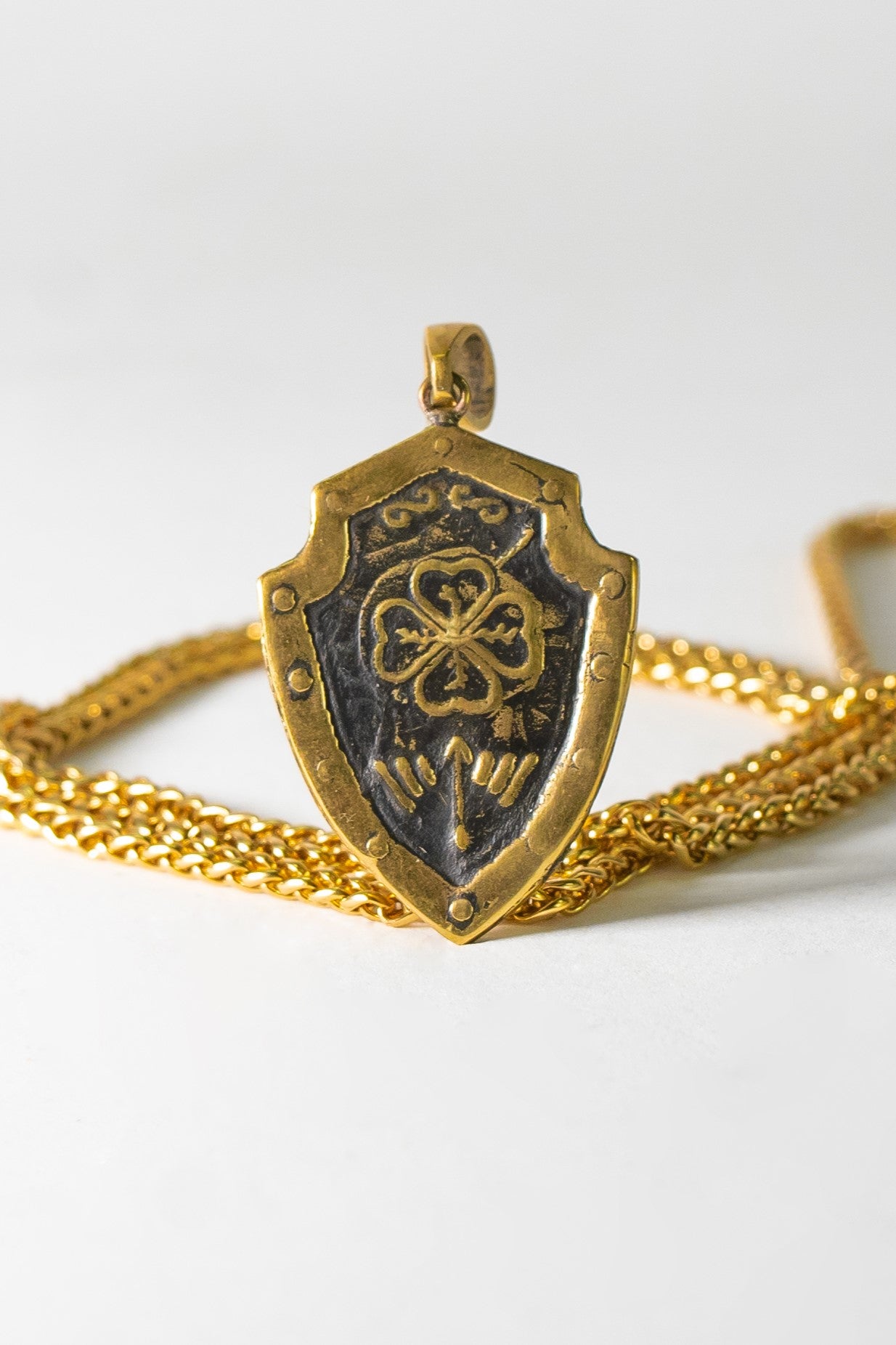 Handmade Clover Shield Necklace: Bronze & Sterling Silver, Lucky Amulet