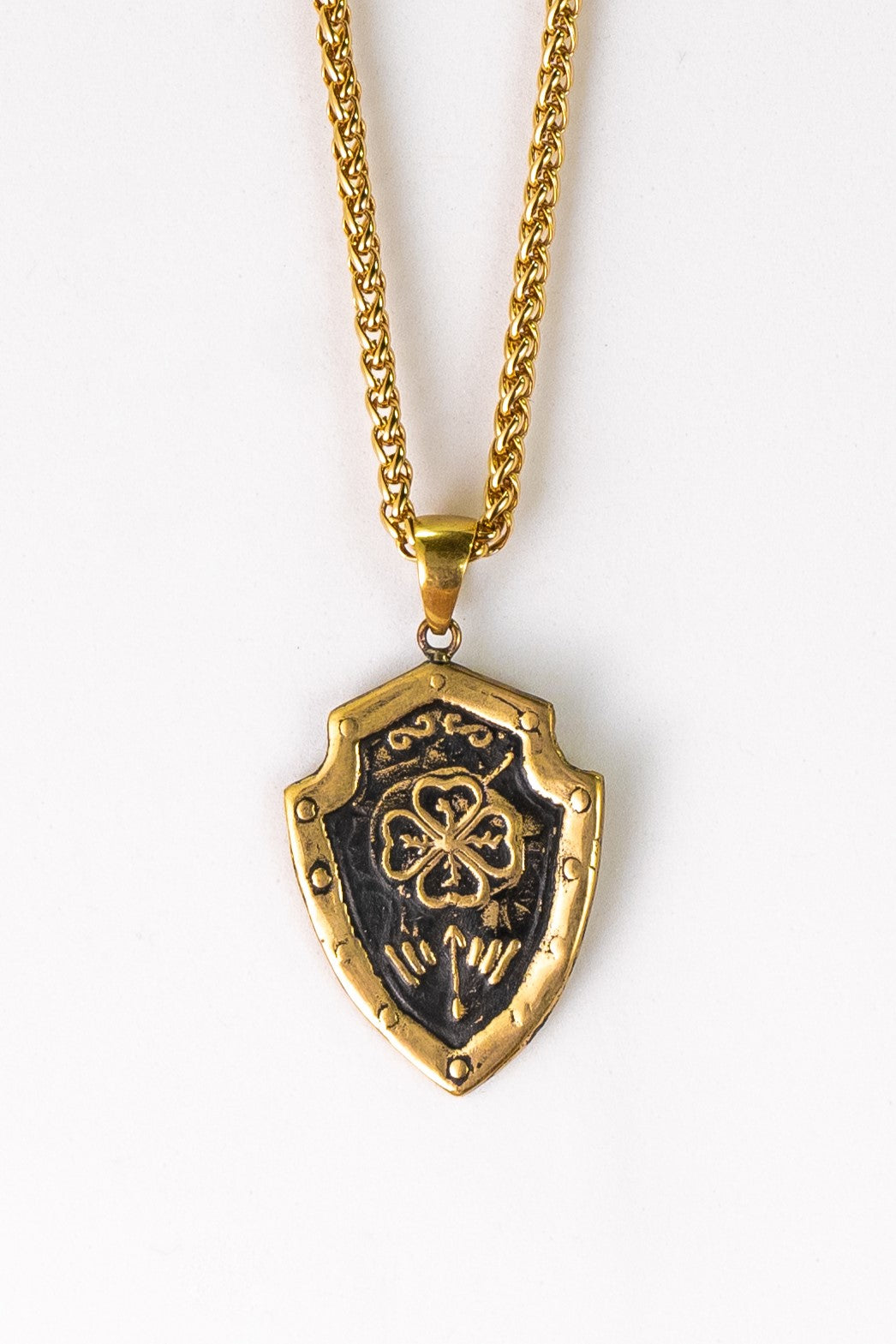 Handmade Clover Shield Necklace: Bronze & Sterling Silver, Lucky Amulet
