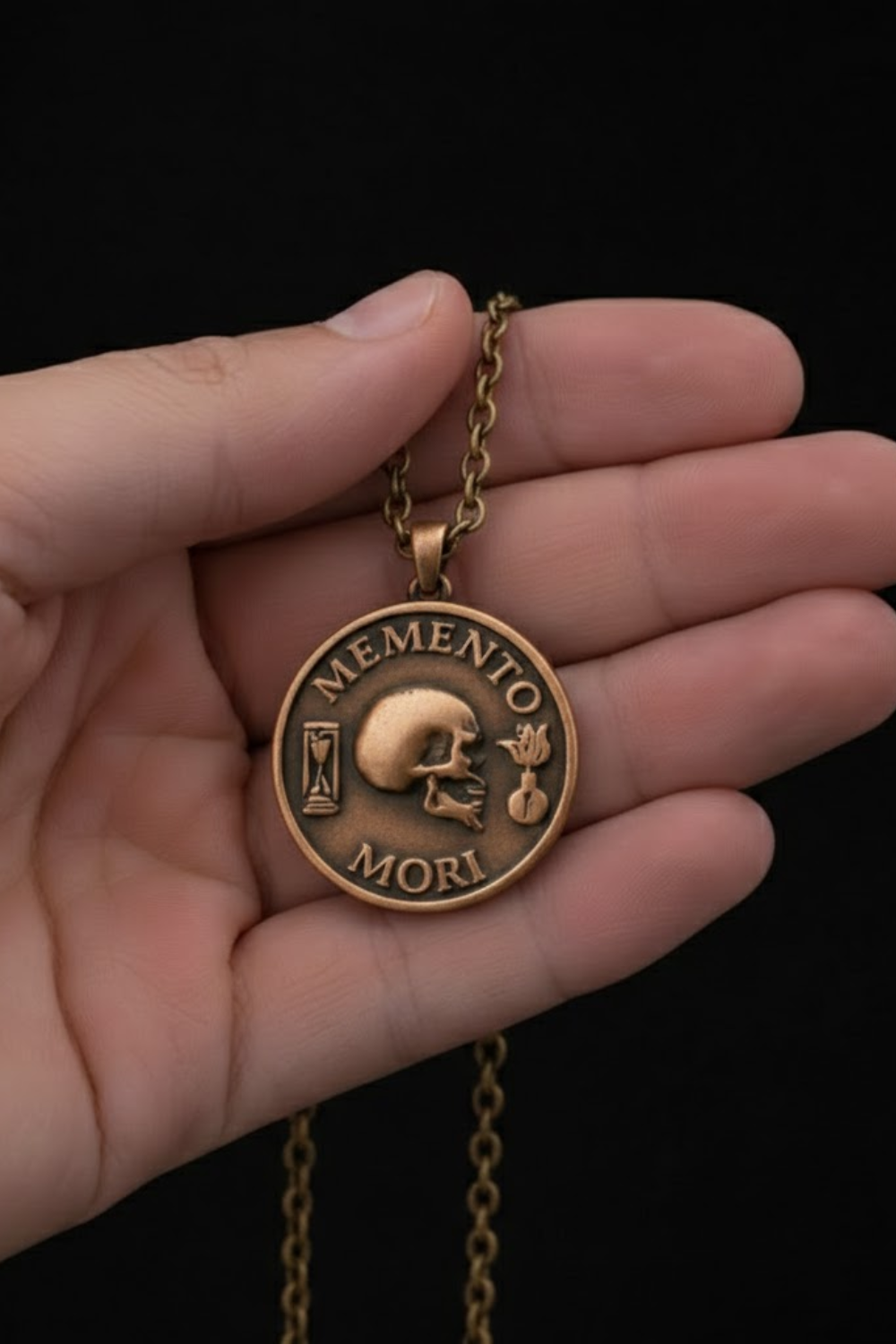 Collar Memento Mori Mediano (3 cm) – Colgante Simbólico Hecho a Mano de Sabiduría e Impermanencia | Plata 925, Baño Oro 24K, Bronce, Cobre