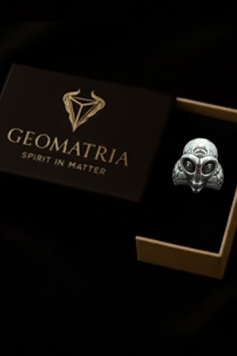 a silver ring placed inside a black box with a gold-colored lid, which is labeled "Geomatria Spirit in Matter".