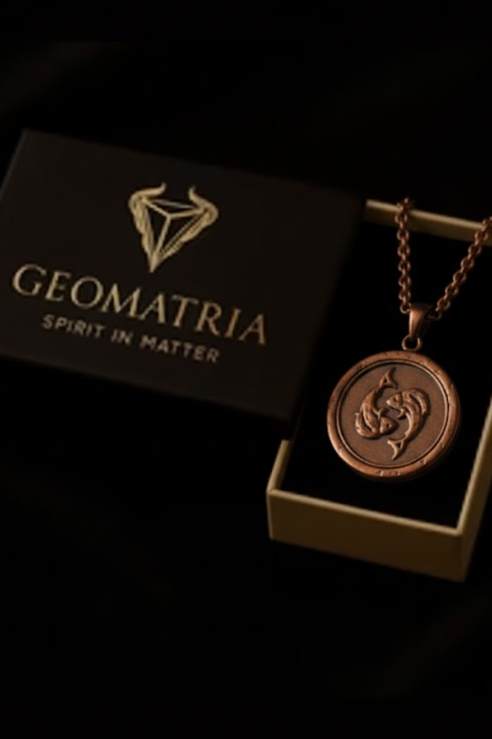 a necklace with a pendant, placed inside a black box with a gold-colored logo.