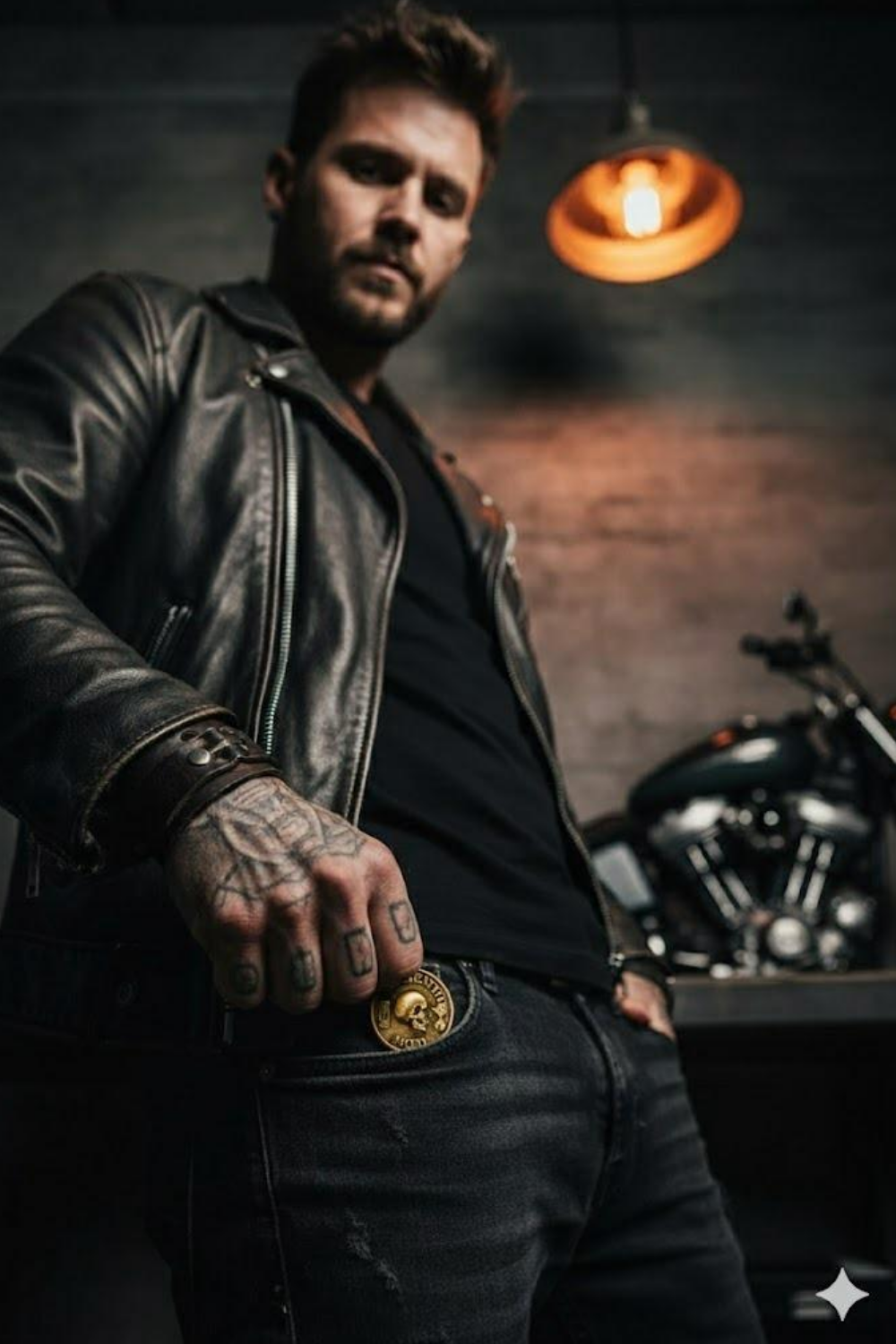 A man in a leather jacket stands in a dimly lit room, with a motorcycle visible in the background.