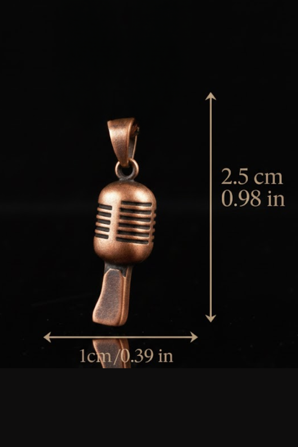 A copper-colored microphone pendant is shown against a black background, with measurements indicating its size.