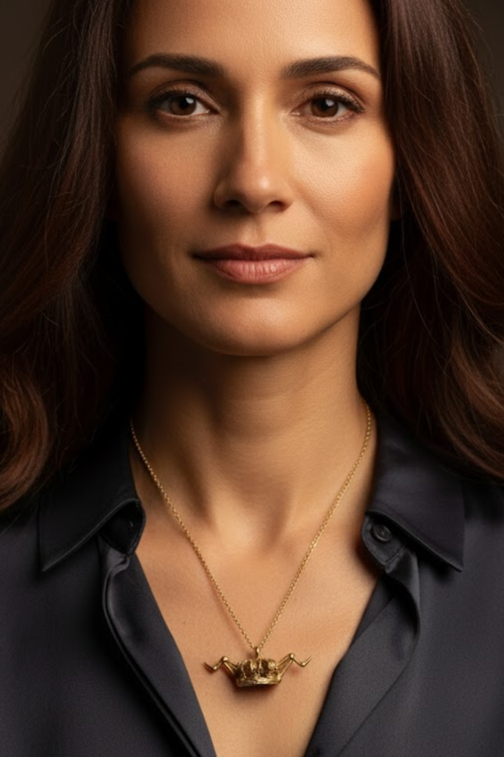 A close-up portrait of a woman with long brown hair, wearing a black shirt and a gold necklace with a pendant.