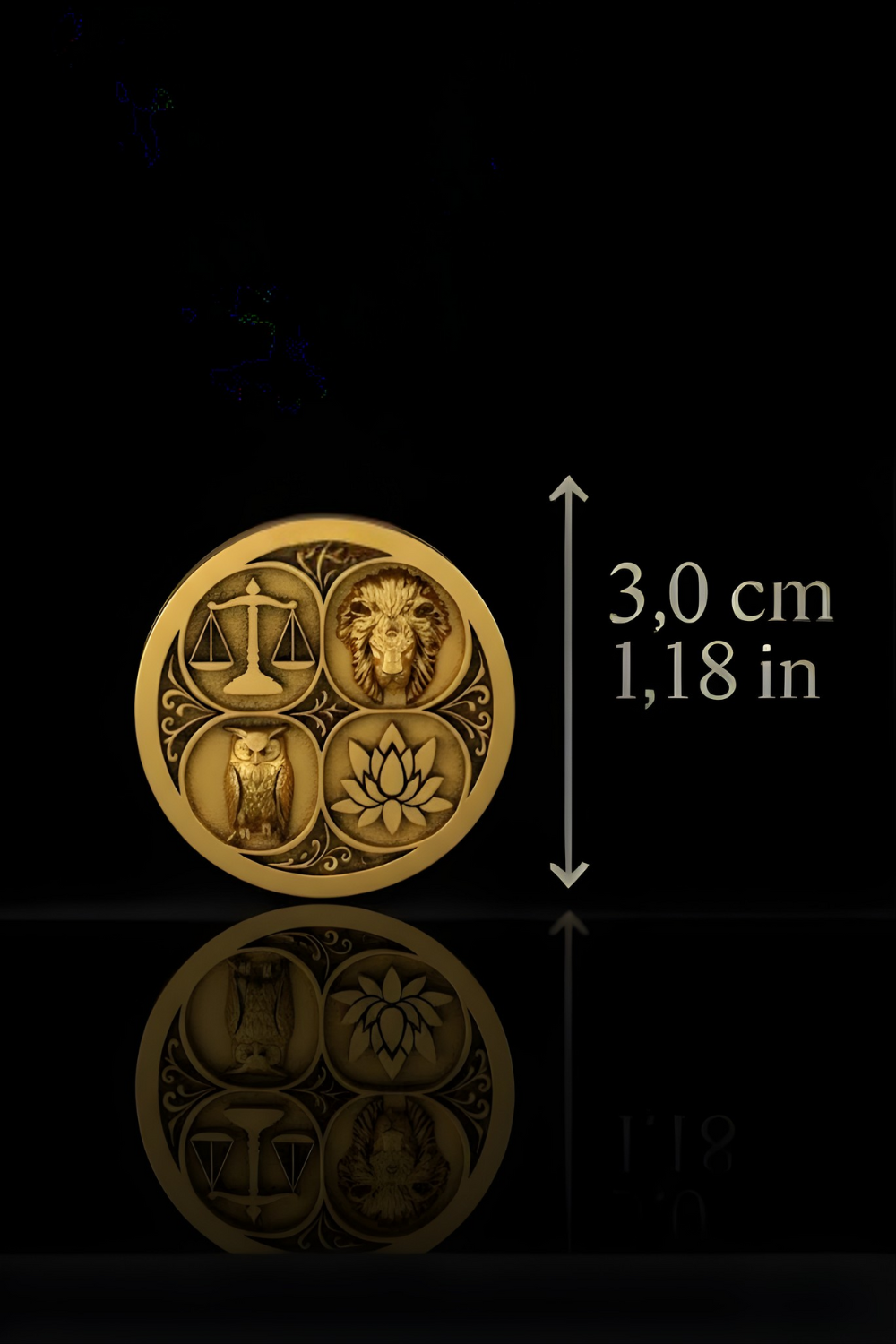 The image is a 3.0 cm coin with a design featuring a lion, an owl, a lotus flower, and a scale.