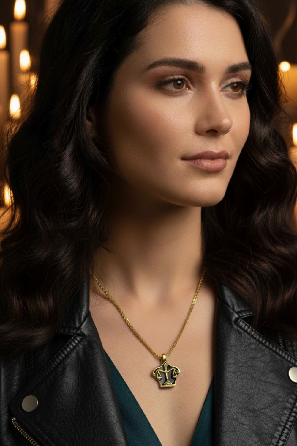 A woman with long dark hair wearing a black leather jacket and a gold necklace with a pendant.