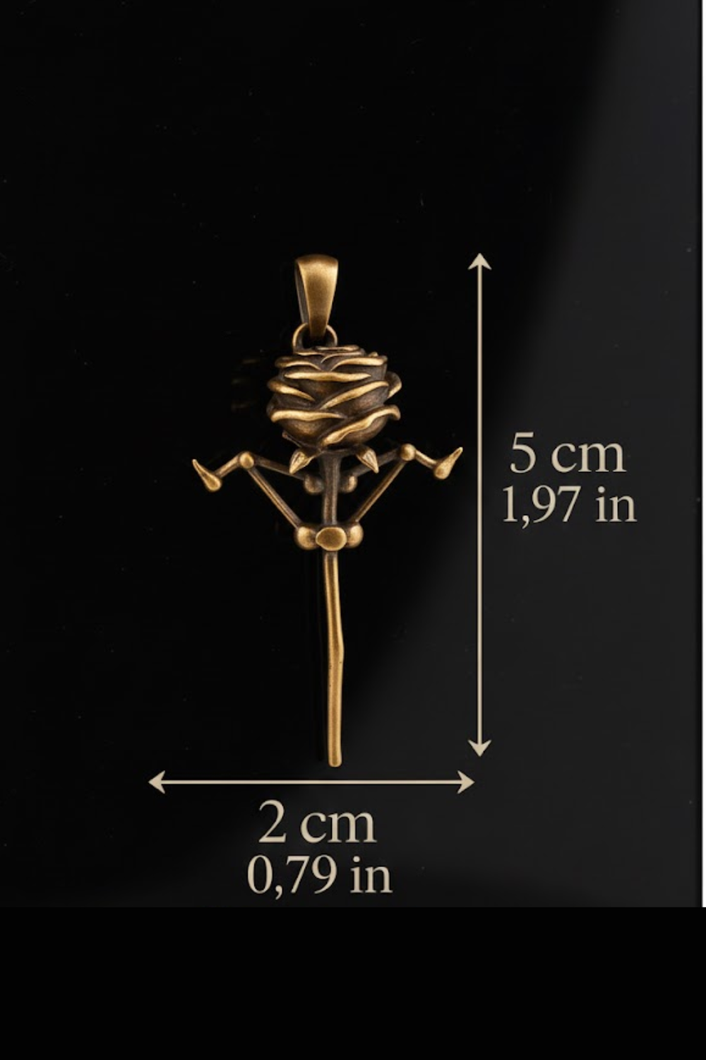 A gold-colored pendant in the shape of a rose, with measurements provided.
