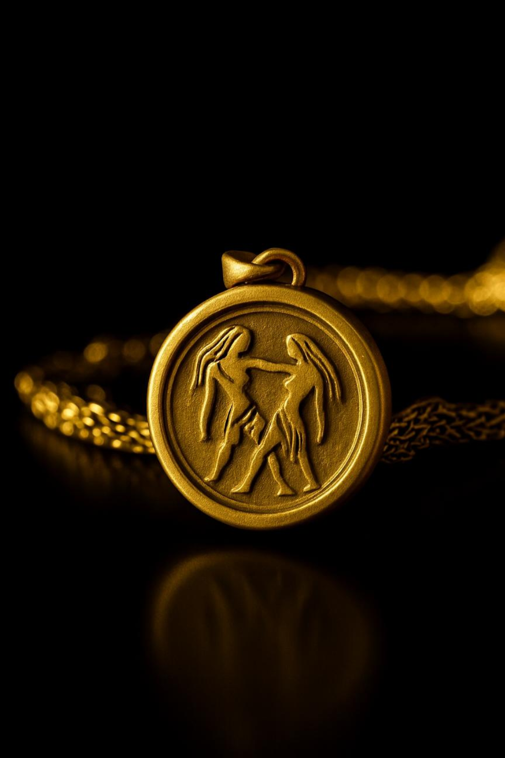 A gold-colored pendant with an engraved design, featuring two figures in a circular pattern, is displayed against a dark background.