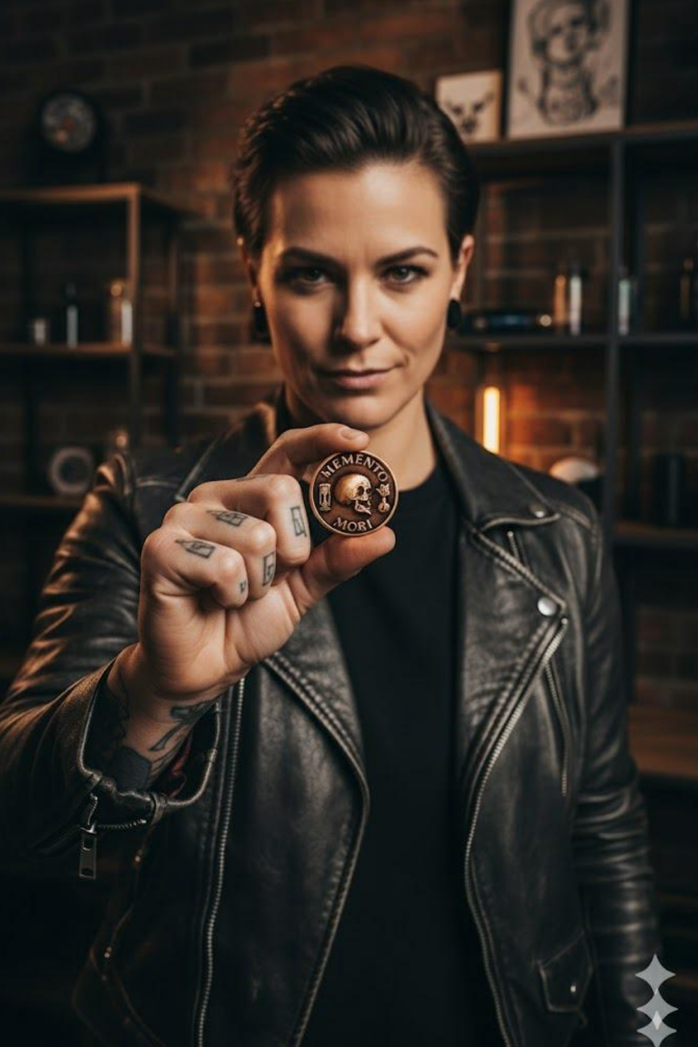 A woman in a leather jacket holds a small round object with a skull design, standing in front of a brick wall with shelves and other items.