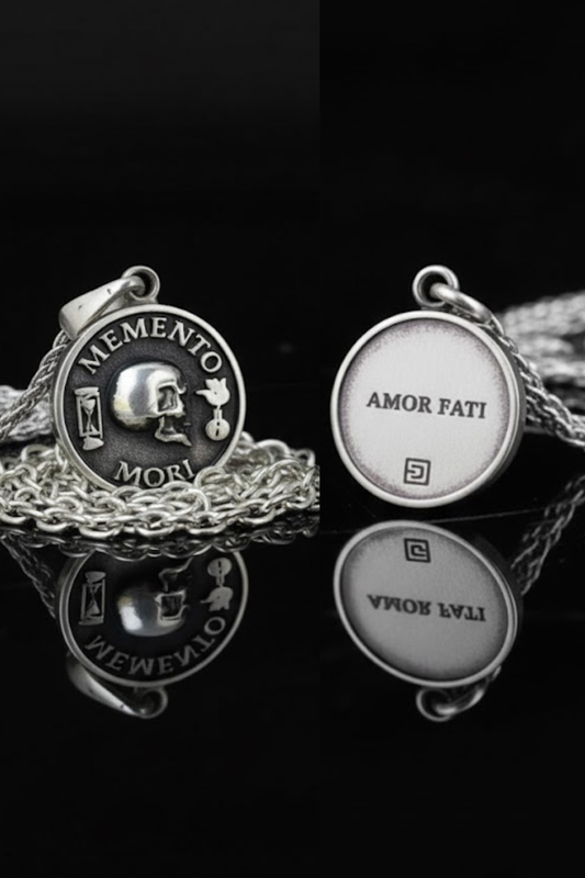 two silver pendants with the Latin motto "MEMENTO MORI" and "AMOR FATTI" engraved on them, displayed on a chain against a black background.