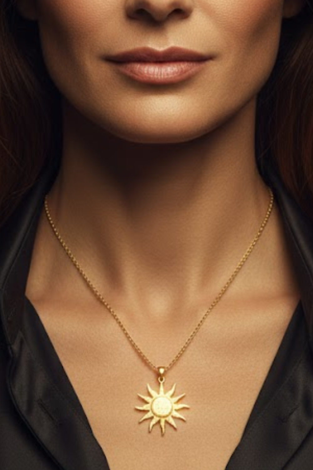 A close-up of a woman's neck and chest area, with a gold necklace featuring a sun pendant.