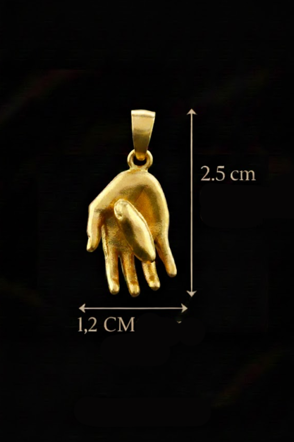 A gold-colored pendant in the shape of a hand is shown against a black background, with measurements provided.