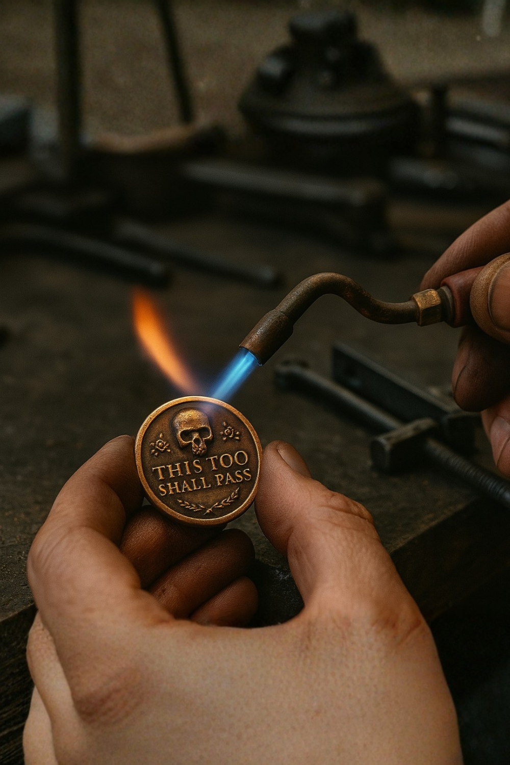 A person's hand is holding a small, round metal object with a skull and flame design, and the person is using a torch to heat the metal.