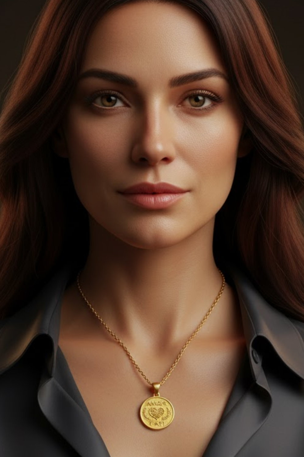A close-up portrait of a woman with long brown hair, wearing a necklace with a pendant. She has a serious expression on her face and is looking directly at the camera.