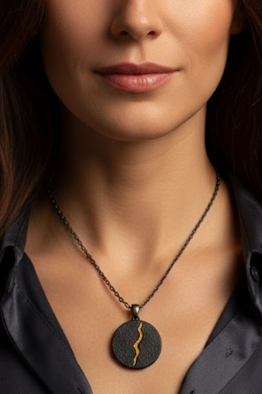 A close-up of a woman's neck and chest area, with a necklace featuring a pendant with a black circular design and a yellow lightning bolt symbol.