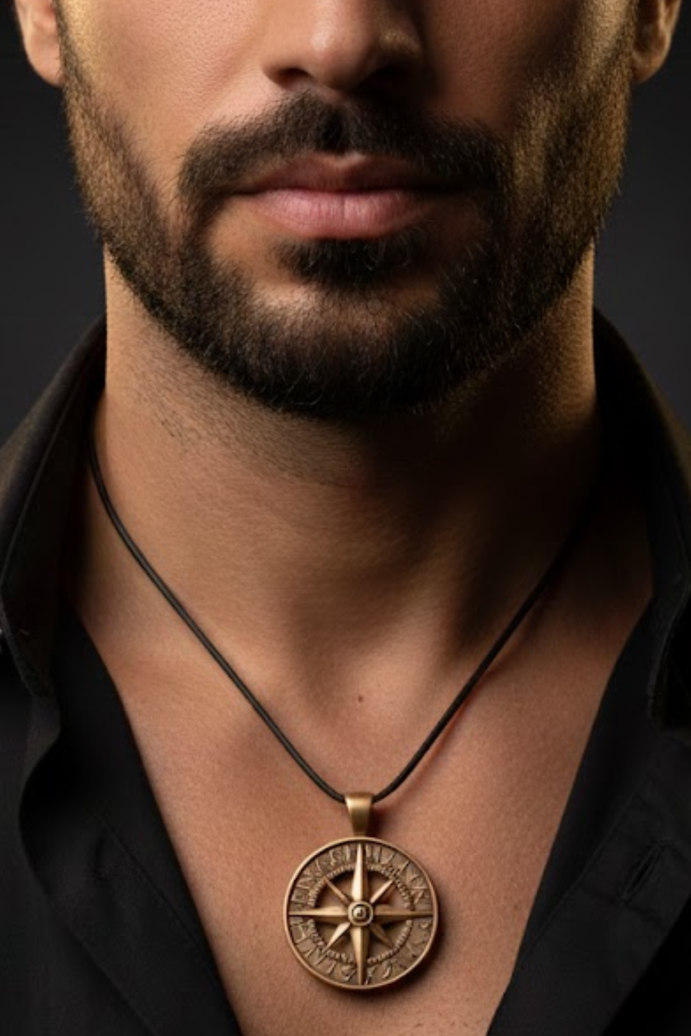 A close-up of a man's neck and chest area, with a gold-colored compass pendant hanging from a black cord around his neck.