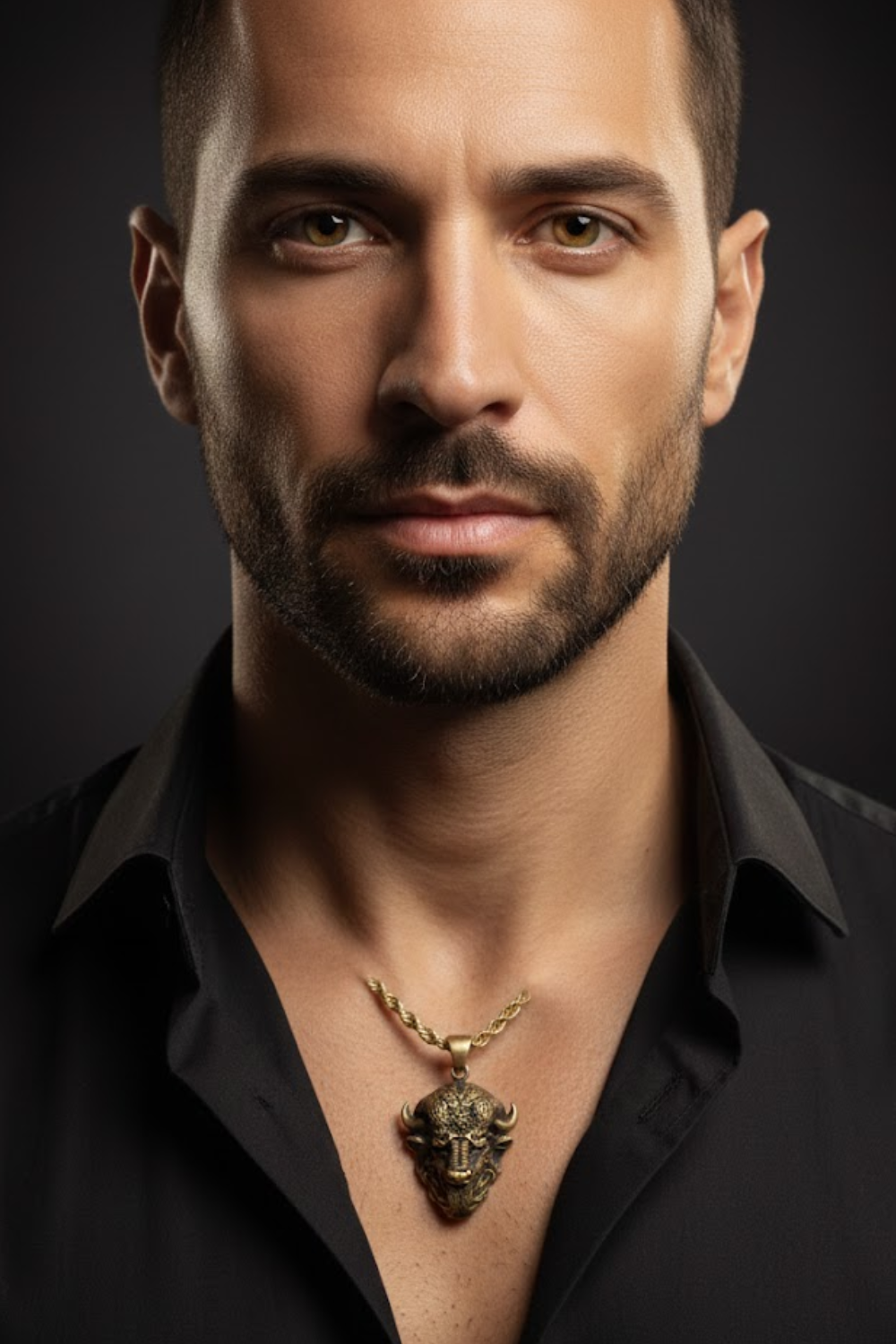 A man with a beard wearing a black shirt and a gold necklace with a pendant.
