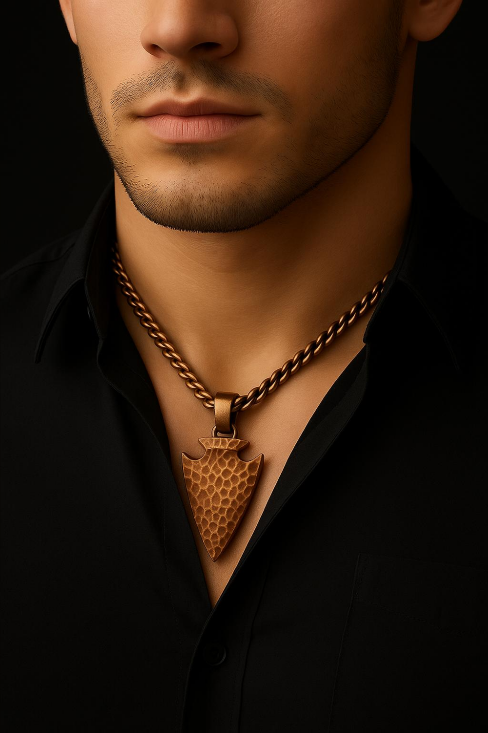 A close-up of a man's neck and chest area, with a gold-colored pendant necklace and a black shirt visible.