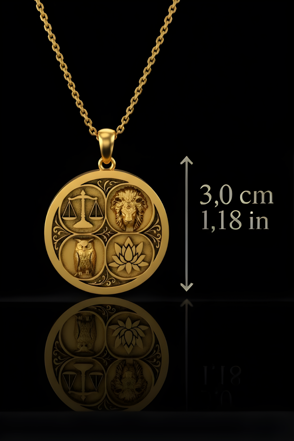 A gold-colored pendant necklace with a circular medallion featuring a lion, an owl, and a lotus flower, along with the text indicating the necklace is 3.0 cm in length and 1,18 in in diameter.