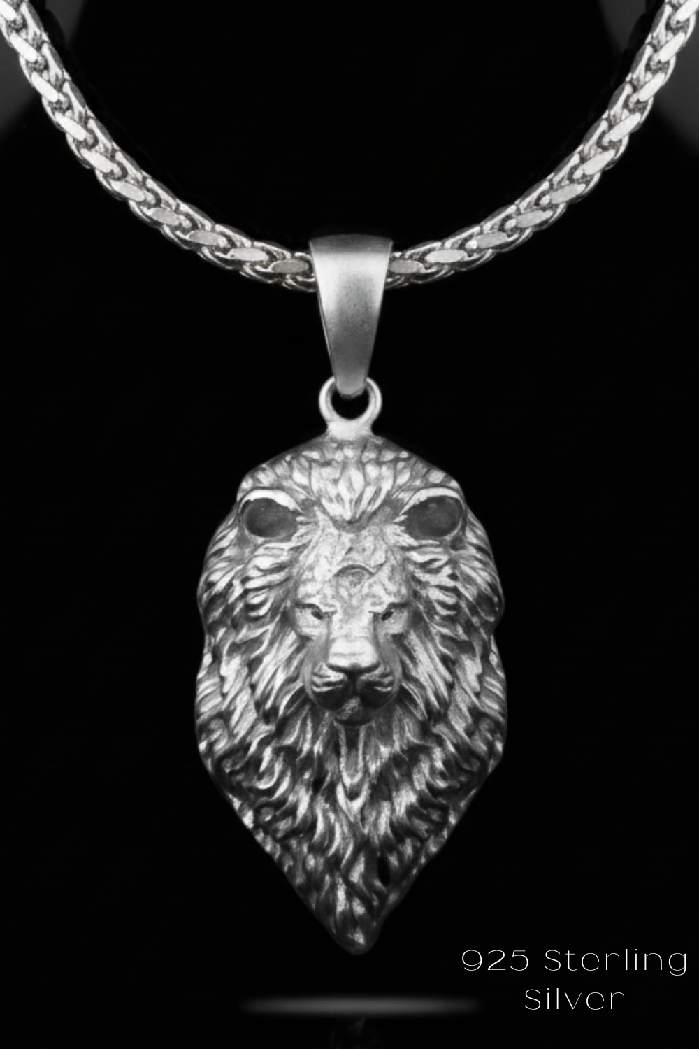 A silver pendant in the shape of a lion's head, suspended from a chain.