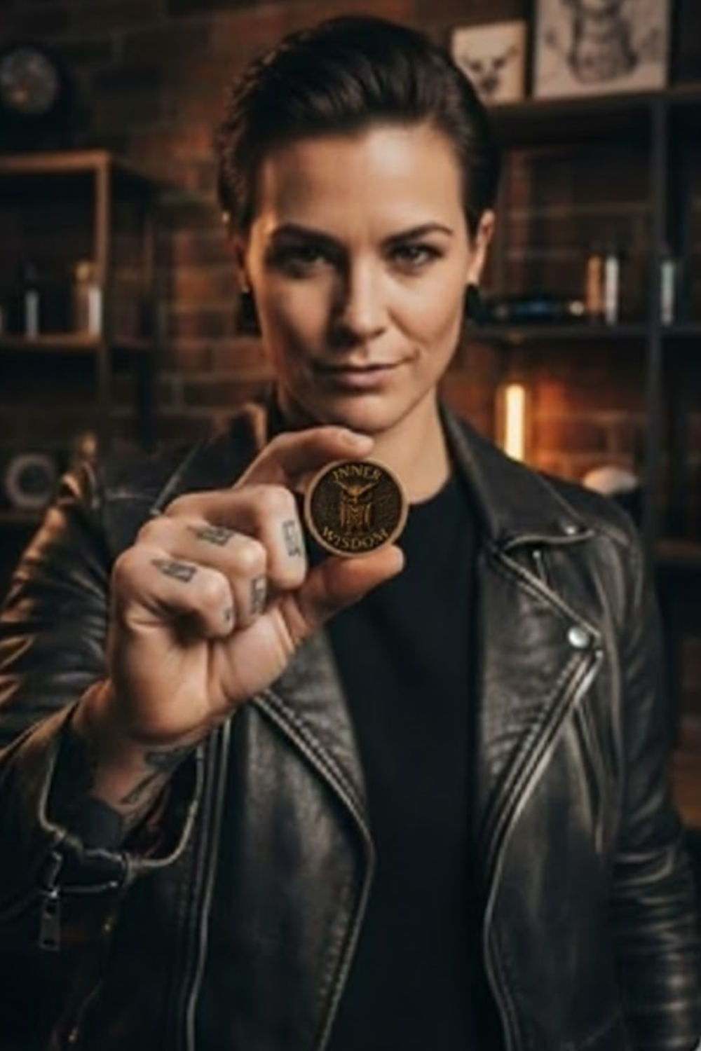 A woman in a leather jacket holds up a coin with the text "WISDOM" on it, standing in front of a brick wall with shelves and other items in the background.