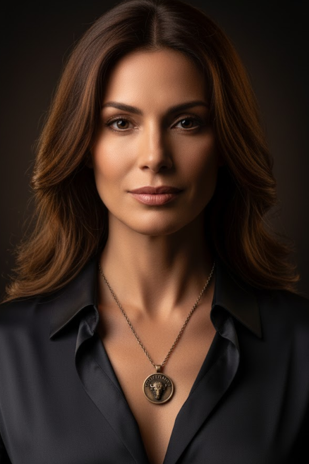 A woman with long brown hair wearing a black blazer and a necklace with a pendant.