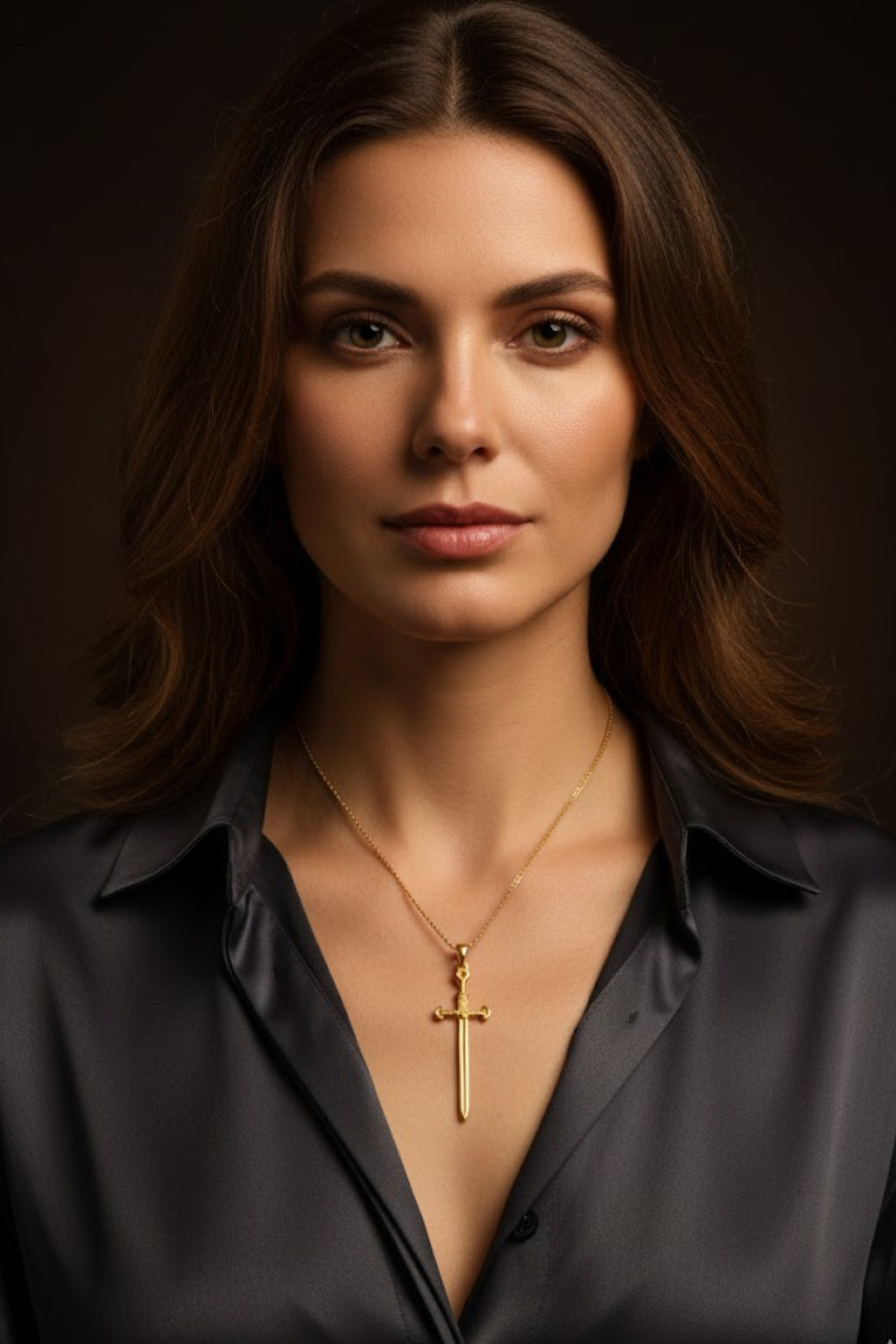 A woman with long brown hair wearing a black blouse and a gold cross necklace.