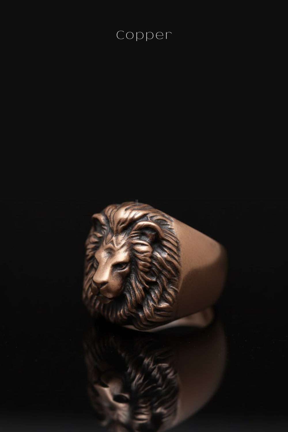 A close-up image of a bronze lion head ring against a black background.