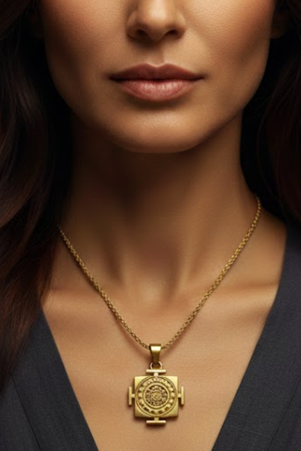 A close-up of a woman's neck and chest area, with a gold-colored pendant necklace visible.
