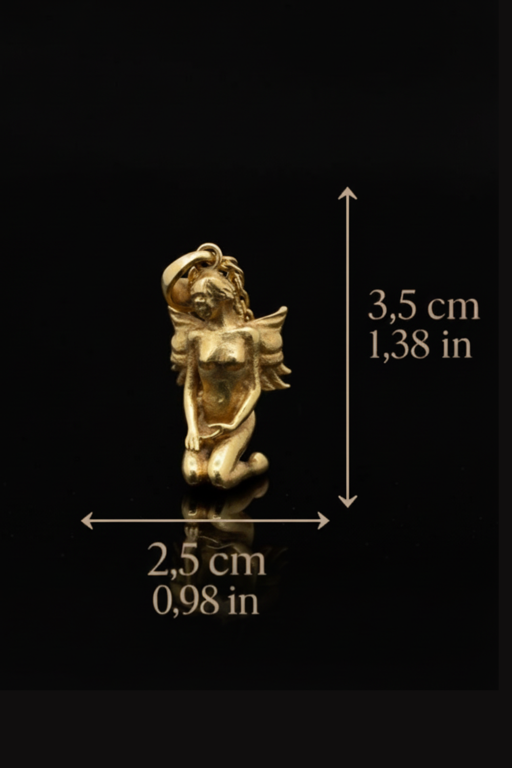 a small golden statue of a woman with wings, placed on a reflective surface against a black background.