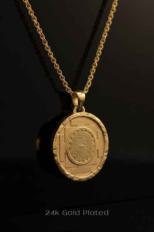 A gold-plated pendant necklace with a circular medallion featuring an intricate design.