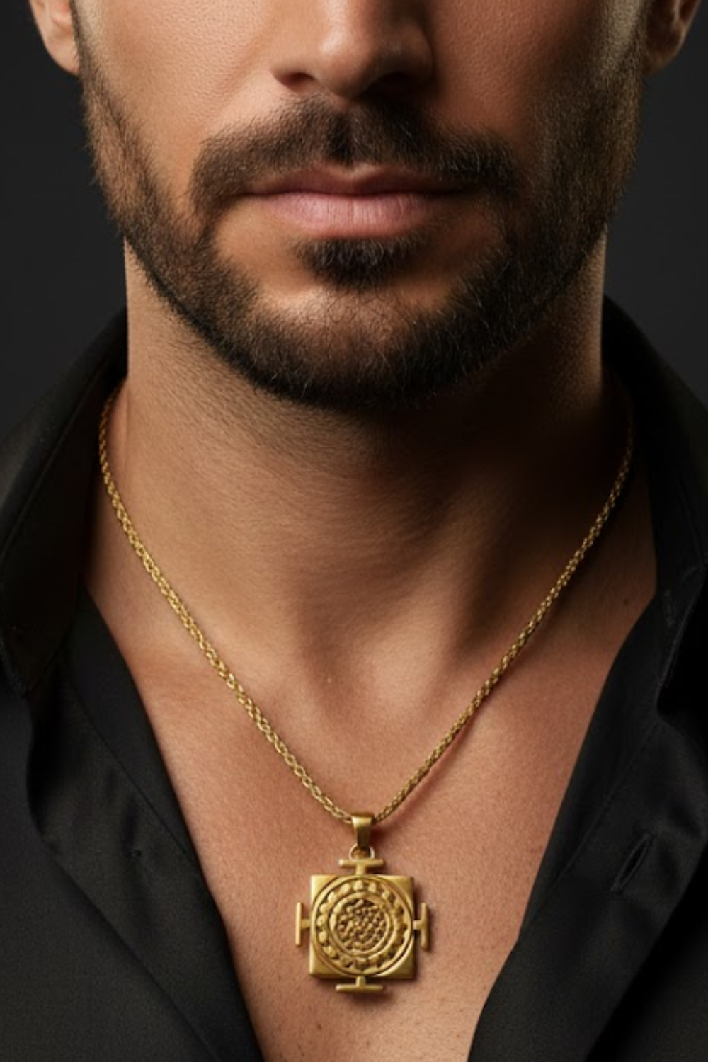 A close-up of a man's neck and chest area, with a gold necklace featuring a pendant hanging around his neck.