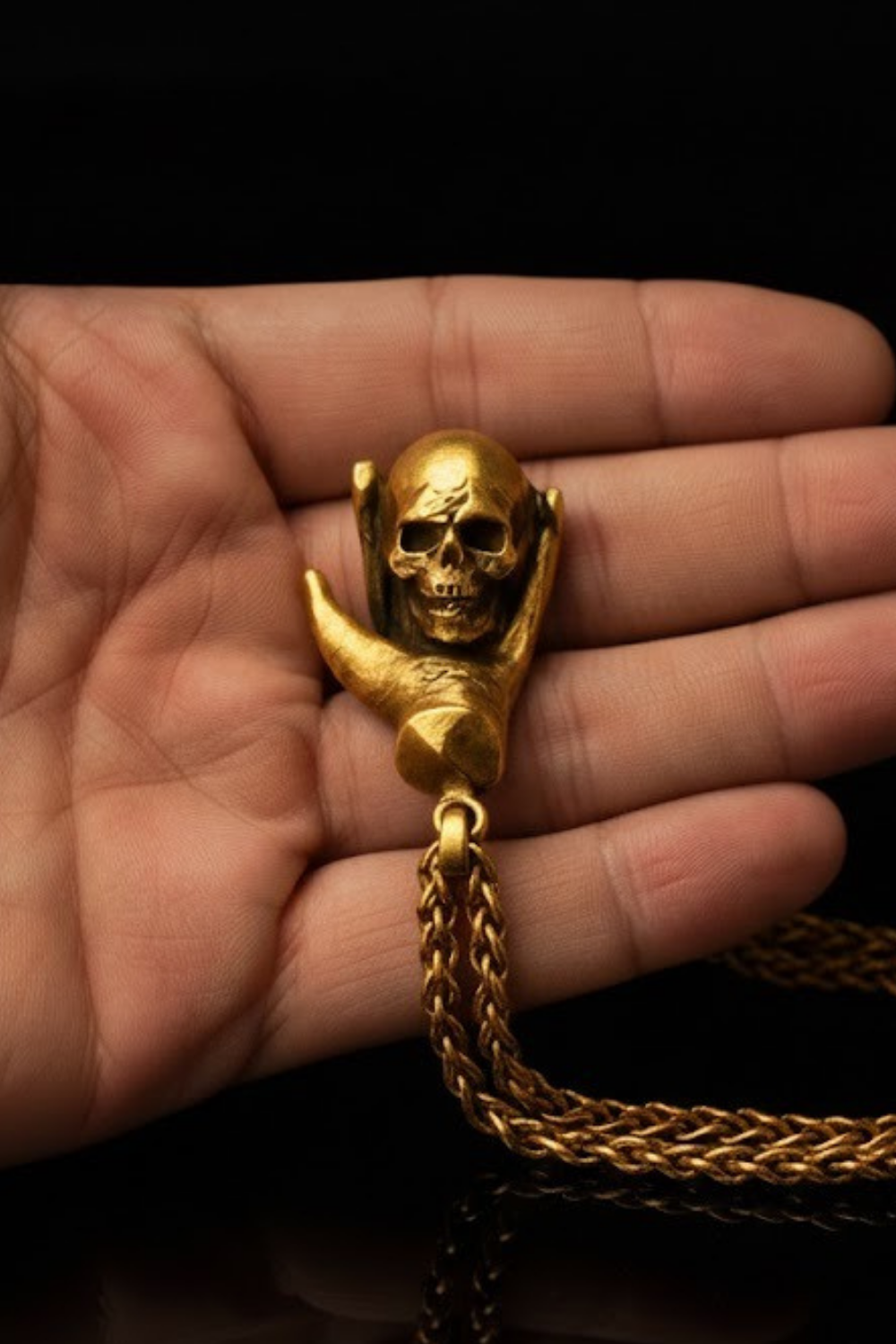 A hand holding a gold-colored pendant in the shape of a skull with a curved horn.