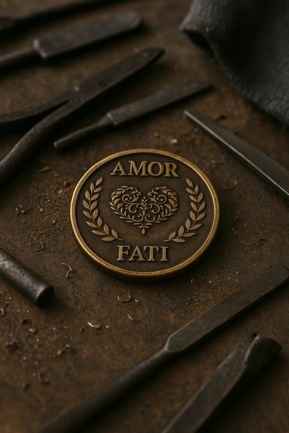 a close-up of a round metal object with a heart-shaped design and the words "Amor Fati" inscribed on it, surrounded by various tools and objects on a dark surface.