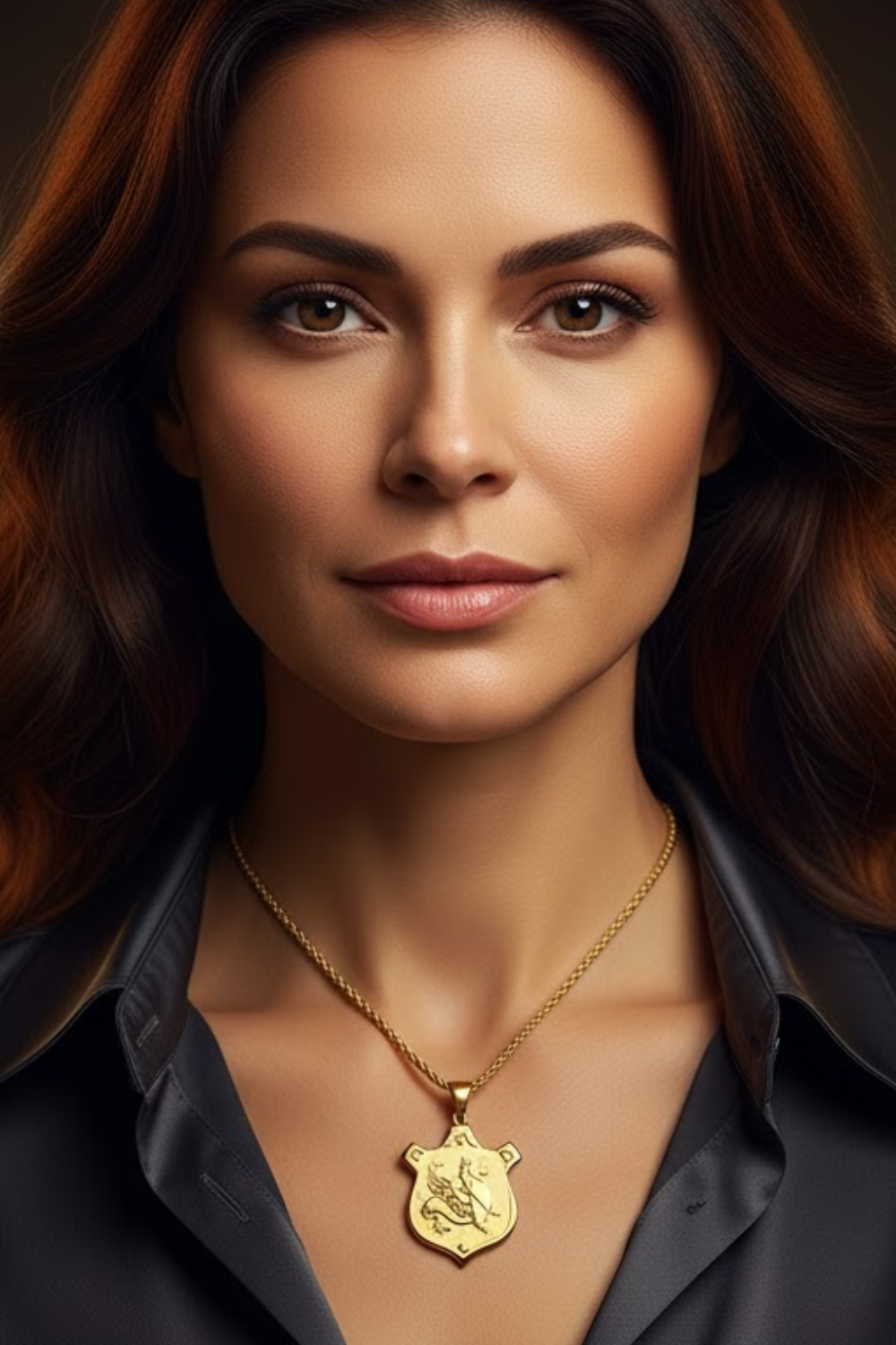 A close-up portrait of a woman with long brown hair, wearing a necklace with a pendant. She is looking directly at the camera with a serious expression.