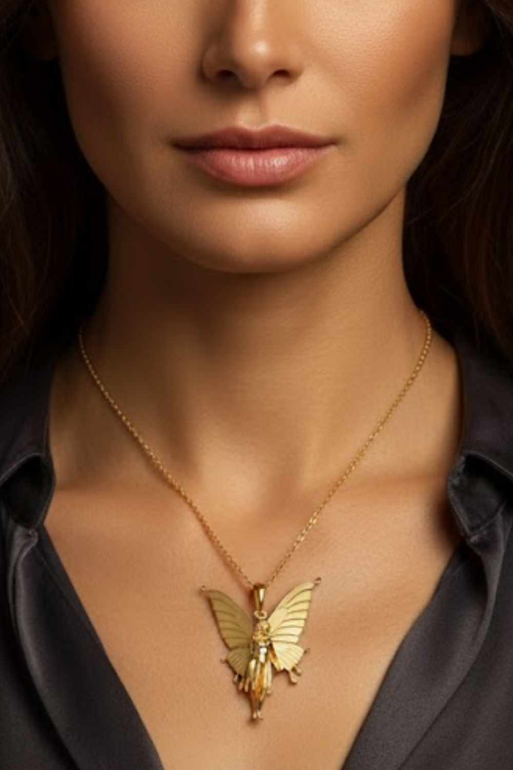A close-up of a woman's neck and chest area, with a gold butterfly pendant necklace visible.
