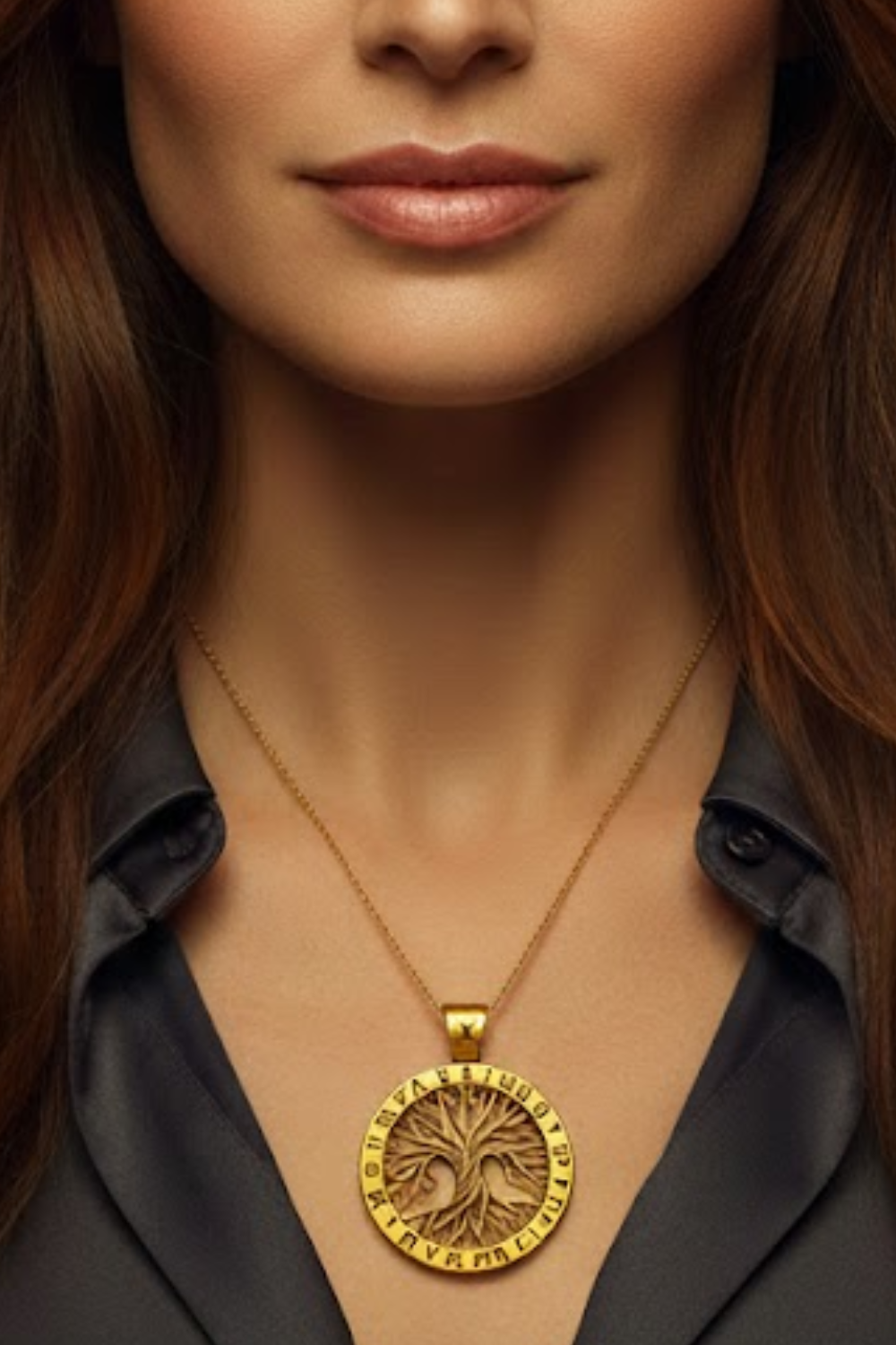 A close-up of a woman's neck and chest area, with a gold necklace featuring a circular pendant hanging from her neck.