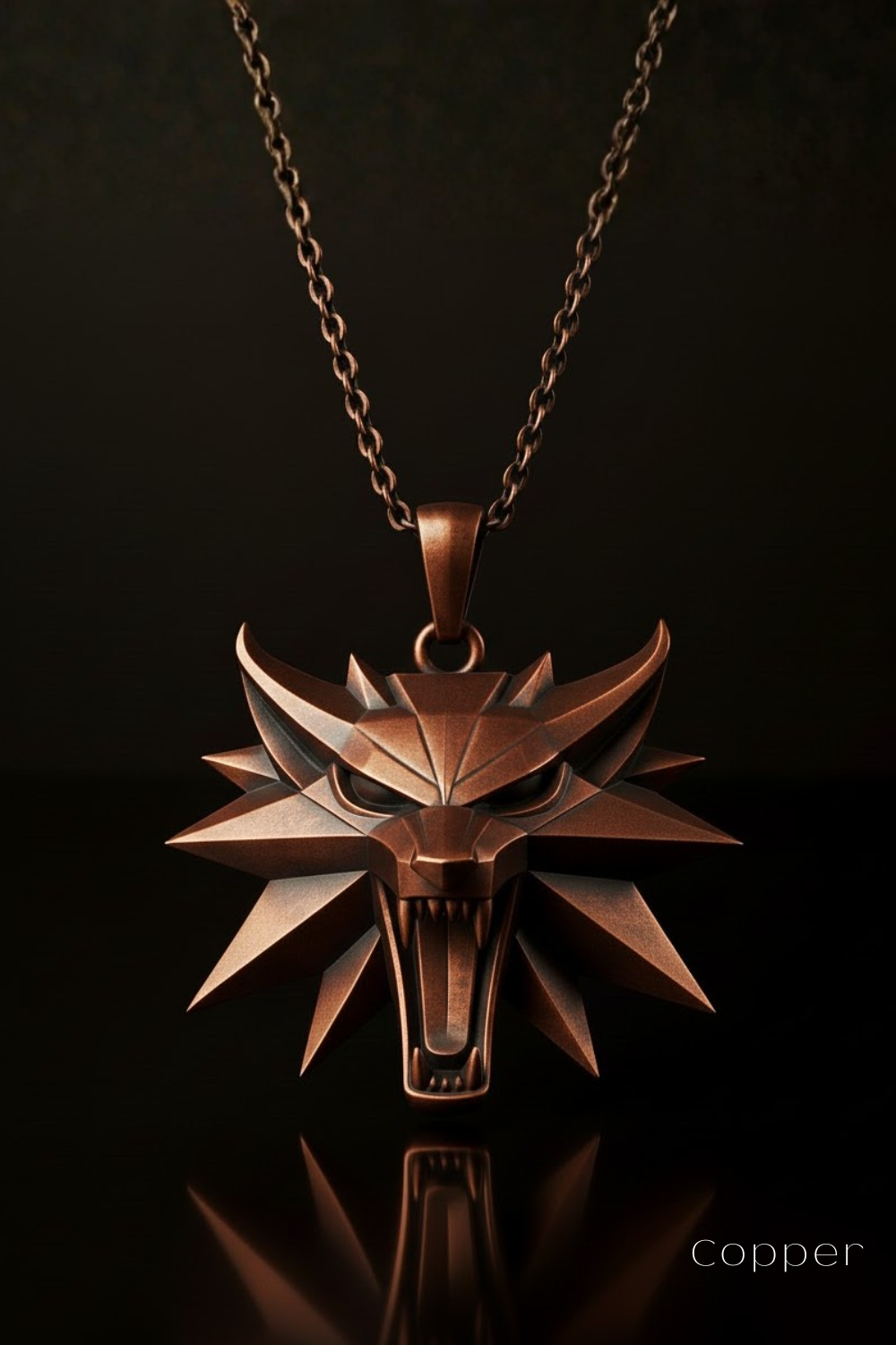 A copper-colored pendant necklace with a detailed wolf head design at the center, set against a dark background.