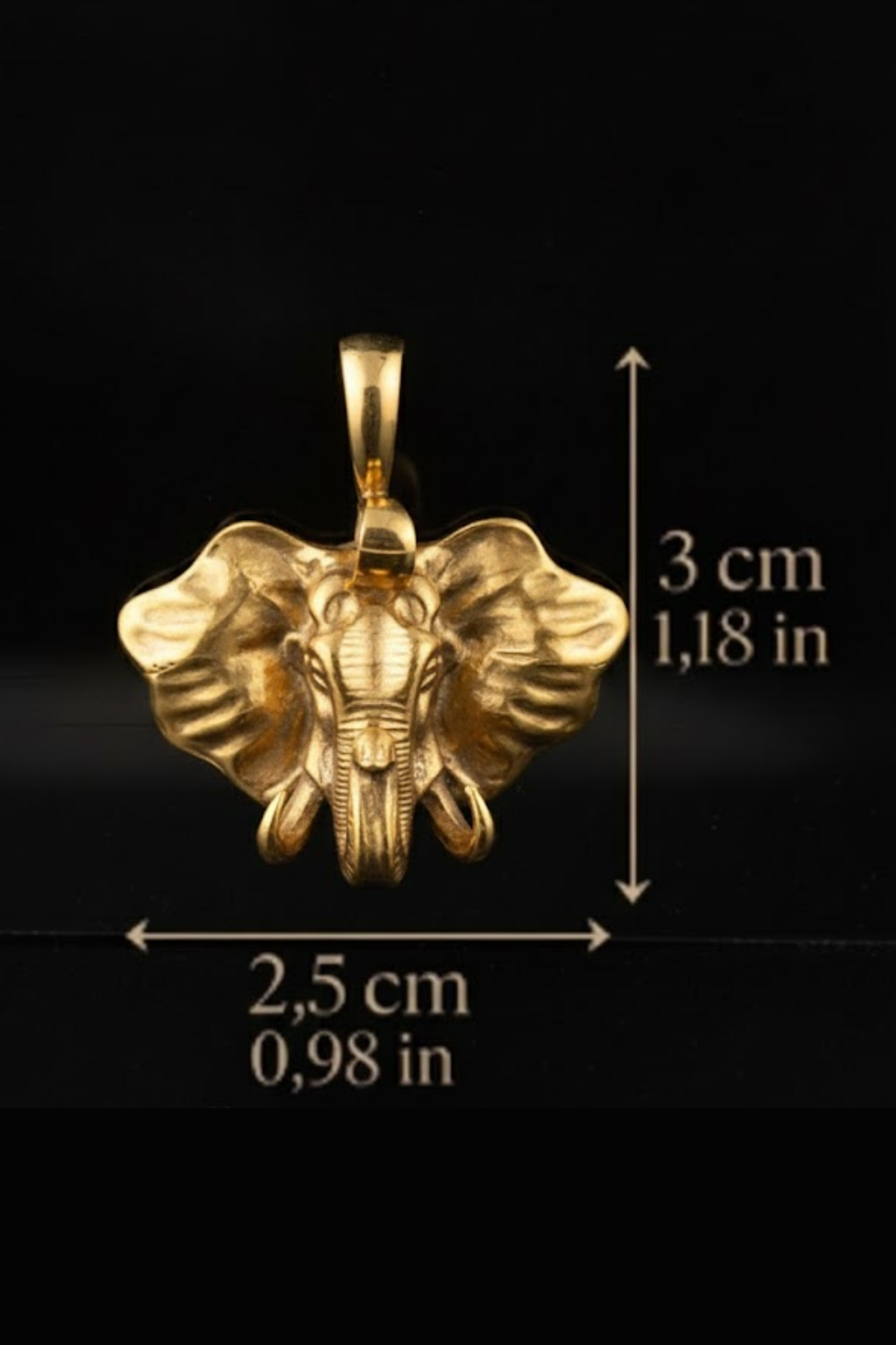 A gold elephant pendant with measurements and text indicating its size.