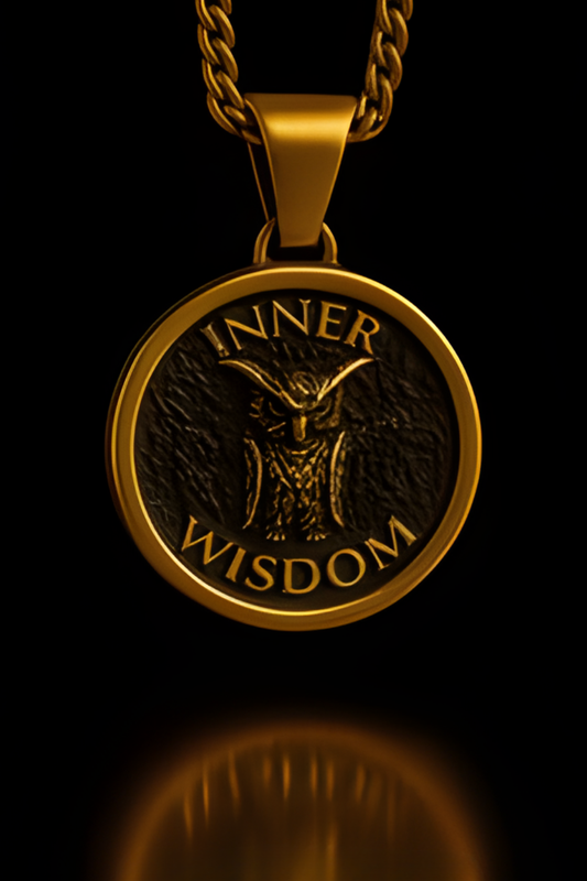 A gold-colored pendant with the words "INNER WISDOM" engraved on it, featuring an owl design.