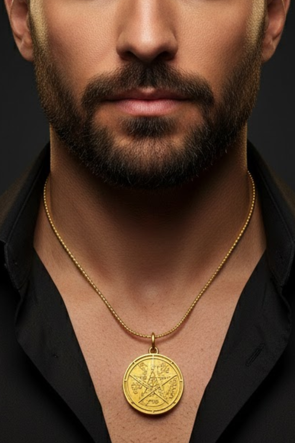A close-up of a man's neck and chest area, with a gold-colored pendant necklace and a beard visible.
