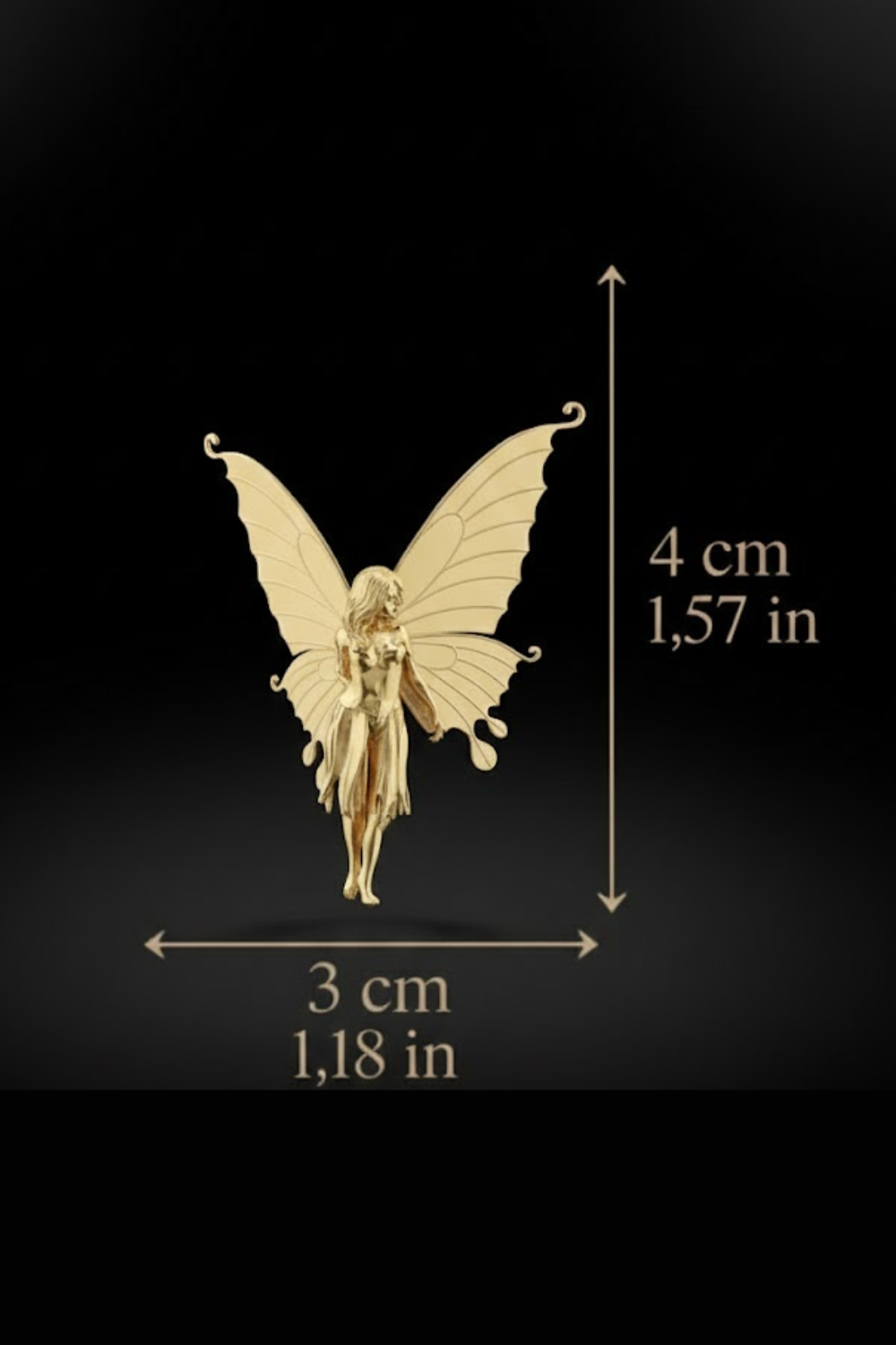 a golden fairy with butterfly wings, standing on a black background.