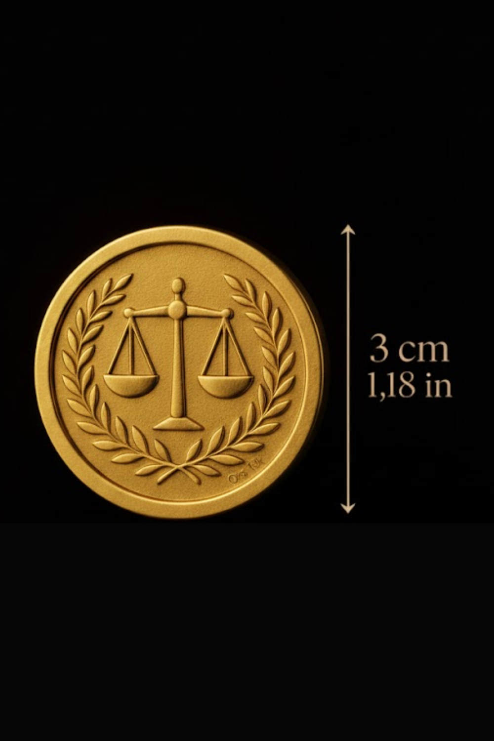 The image is a gold coin with a scale symbol on it, and it is approximately 3 centimeters in diameter.