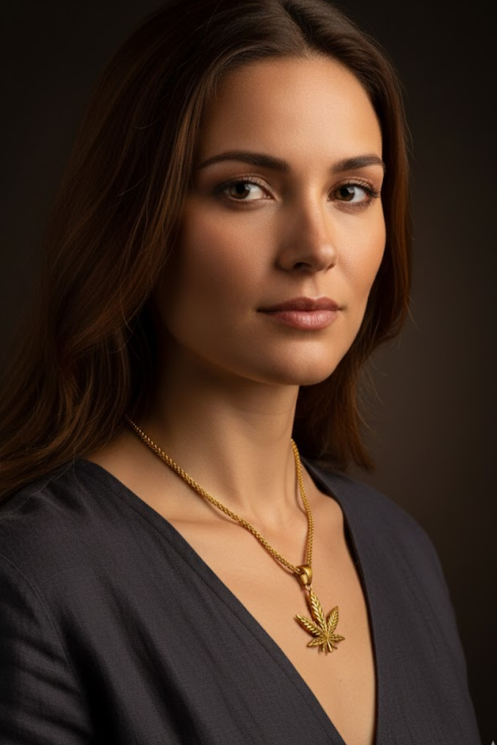 A woman with long brown hair wearing a necklace with a leaf-shaped pendant, looking directly at the camera with a serious expression.