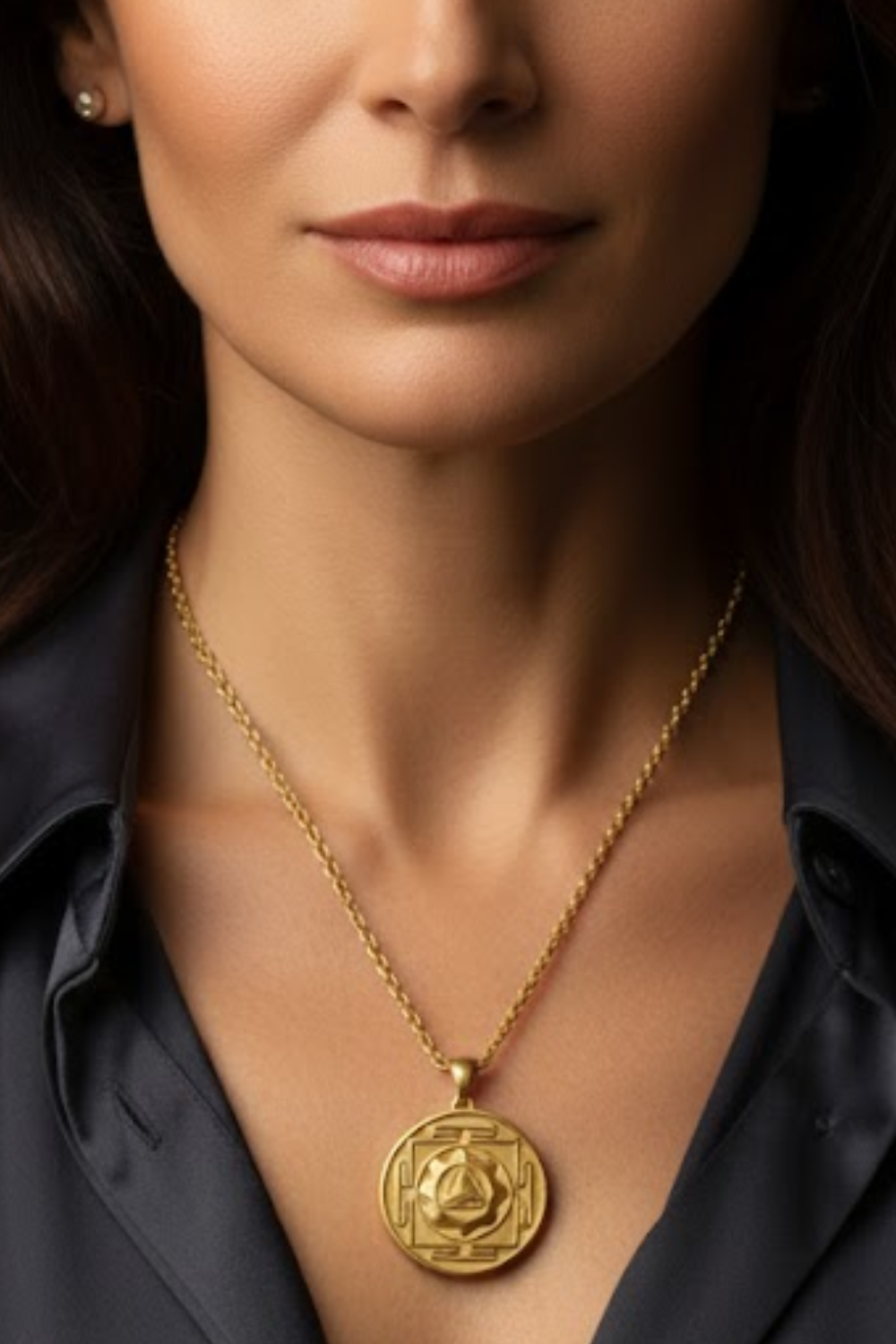 A close-up of a woman's neck and chest area, with a gold necklace featuring a large pendant.