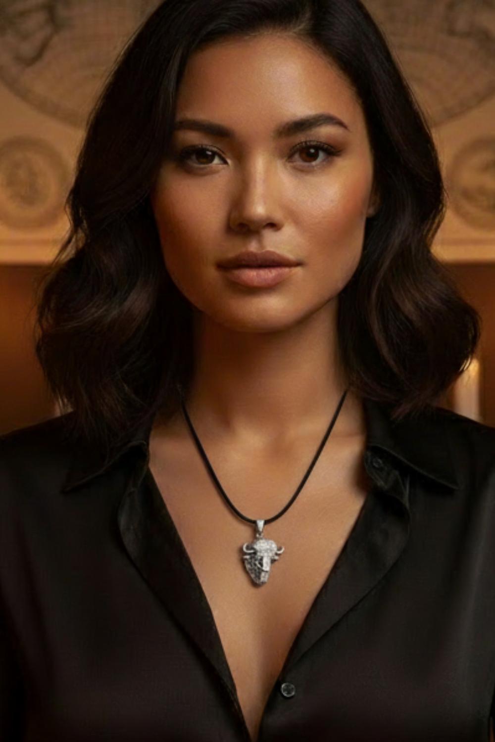 A woman with dark hair wearing a black blouse and a necklace with a pendant.