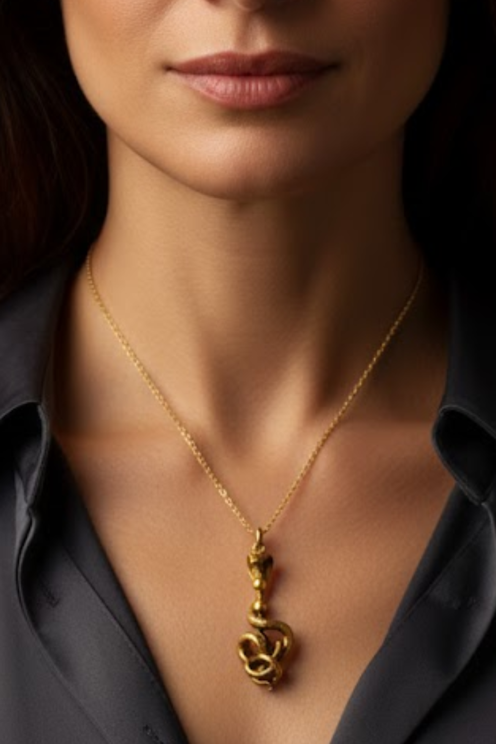 A close-up of a woman's neck and chest area, with a gold necklace featuring a pendant hanging from the necklace.
