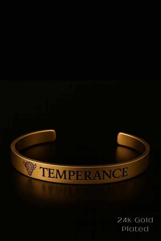 A gold bracelet with the word "TEMPERANCE" engraved on it, set against a black background.