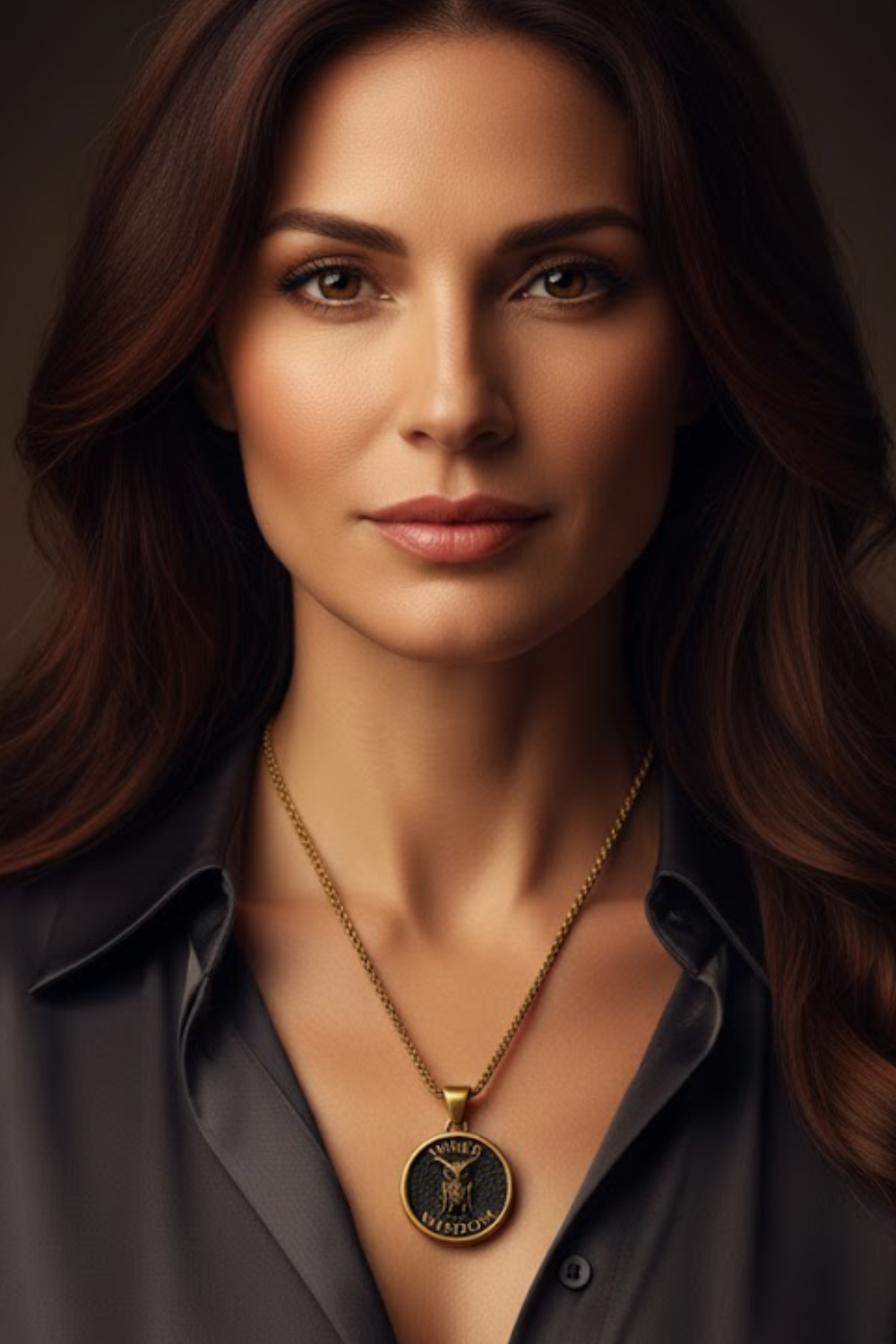 A woman with long brown hair wearing a gray shirt and a gold necklace with a pendant.